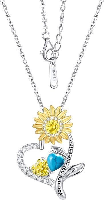 PERJI Valentine's Day Gifts for Women - 925 Sterling Silver Double Birthstone Sunflower Necklace, Anniversary Birthday Jewelry You are My Sunshine Gifts for Wife Couple Girlfriend 18"+2" Non Tarnish