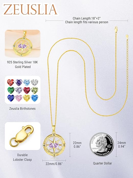 Zeuslia Double Birthstone Necklace Gifts for Wife - 925 Sterling Silver Sunflower/Rose/Crown Cross/Compass/Heart Pendant I Love You Necklace, Anniversary Birthday Gifts for Wife Girlfriend Mom Her