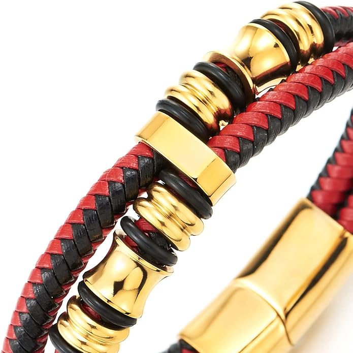 COOLSTEELANDBEYOND Mens Double-Row Braided Leather Bracelet Bangle Wristband with Stainless Steel Ornaments