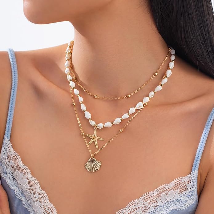 Seashell Necklace for Women Gold Layered Sea Shell Necklace Boho Summer Beach Necklaces for Women Adjustable Pearl Conch Starfish Necklaces Vacation Coastal Beachy Jewelry Outfits Accessories