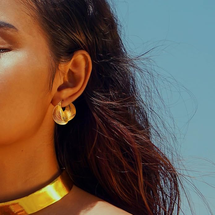 YUJIE Gold Plated Hoop Earrings for Women Brass Earring Chunky Statement Jewelry