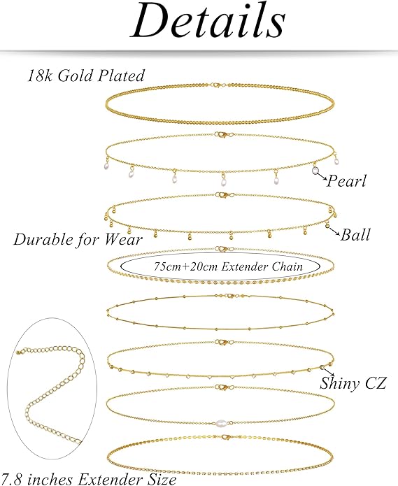 Tornito 8Pcs Waist Belly Chain CZ Heart Pearl Snake Bead Sequin Paperclip Belly Chain Summer Beach Sexy Body Chains Jewelry Accessories for Women Adjustable
