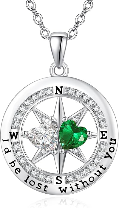 Compass Birthstones Necklace for Women, Exquisite Anniversary Birthday Gifts for Wife Her Double Birthstone Pendant jewelry ‘I'd be Lost Without You’