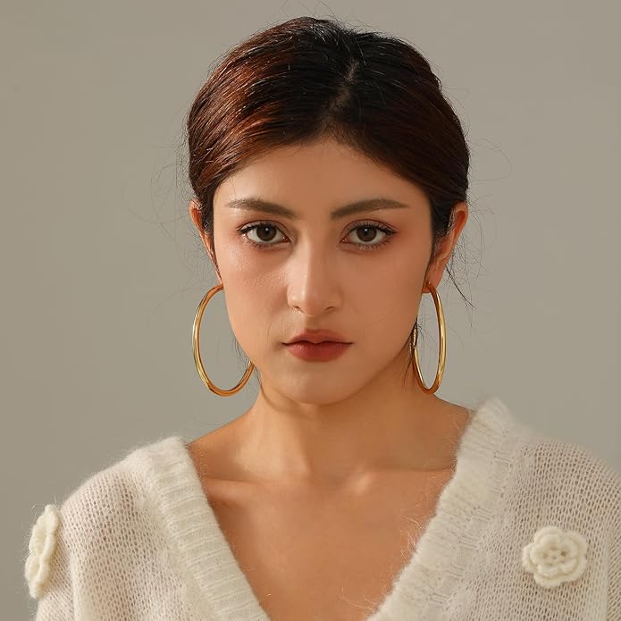 4mm Thick Gold Chunky Earrings Steling Silver Post Hoops Earrings For Women Hollow Tube Hoops Earrings Thick Gold Hoop Earrings Hypoallergenic Lightweight Gold Hoop Large Earrings 20/30/40/50/60MM