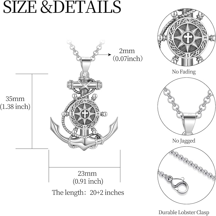LES OSEWA Compass Necklace for Men Sterling Silver Compass Pendant Masonic Viking Necklace Travel Amulet Necklace Inspirational Graduation Jewelry Gifts for Women