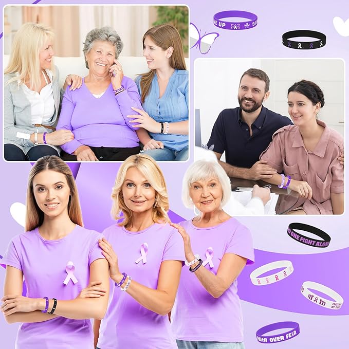 JUNEBRUSHS 64pcs Purple Ribbon Awareness Silicone Bracelets Hope Faith Courage Accessories Wristbands for Lupus Domestic Violence Epilepsy Pancreatic Cancer Alzheimers Awareness Party Supplies