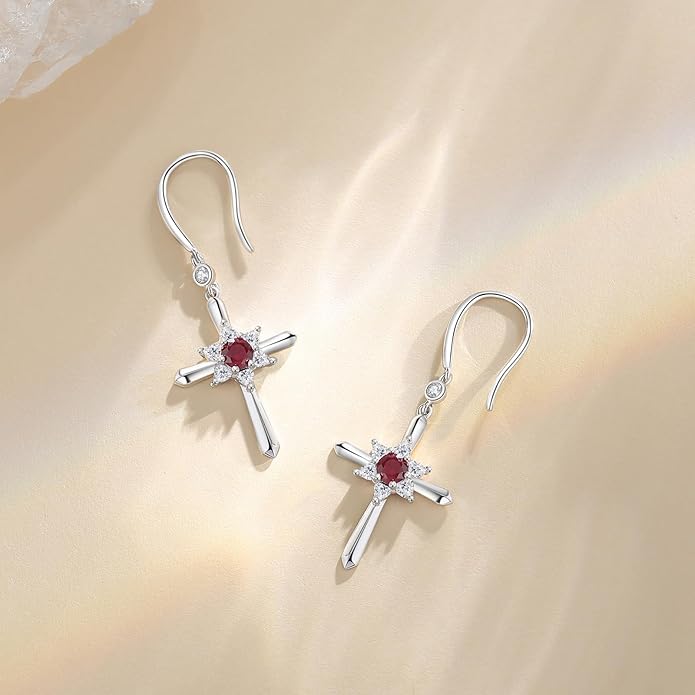 FANCIME Cross Dangle Drop Earrings 925 Sterling Silver Dainty Round Birthstone Earring Fine Jewelry Birthday Gifts for Her Women
