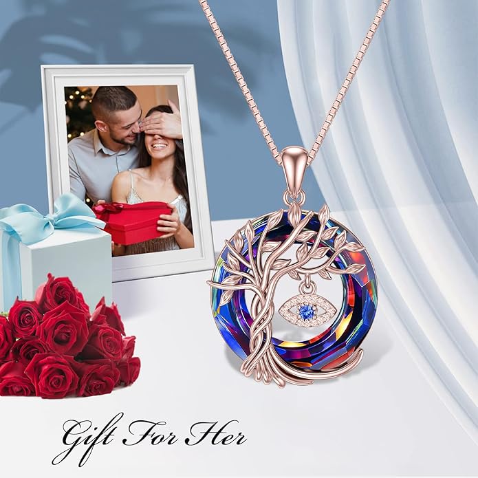 TOUPOP Evil Eye Necklace 925 Sterling Silver Tree of Life Circle Crystal Pendant Necklace Protection Jewelry Amulet Christmas Gifts for Women Her