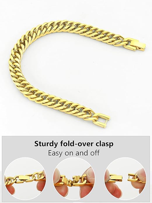 8/12/17mm Wide Cuban Link Bracelet for Men Father Gift 18K Gold/Black Plated Stainless Steel Bracelets 7.4-9 Inches(Gift Wrapped)