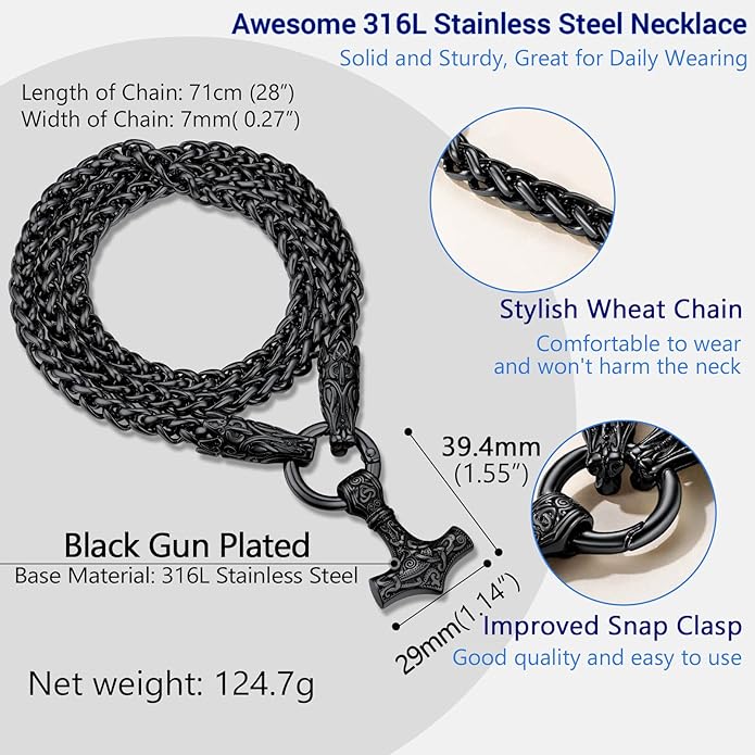 PROSTEEL Norse Viking Jewelry for Men Women, Vintage Thor Hammer/Thor Axe/Raven/Odin Necklace, 316L Stainless Steel Pendant Chain, Come with Box