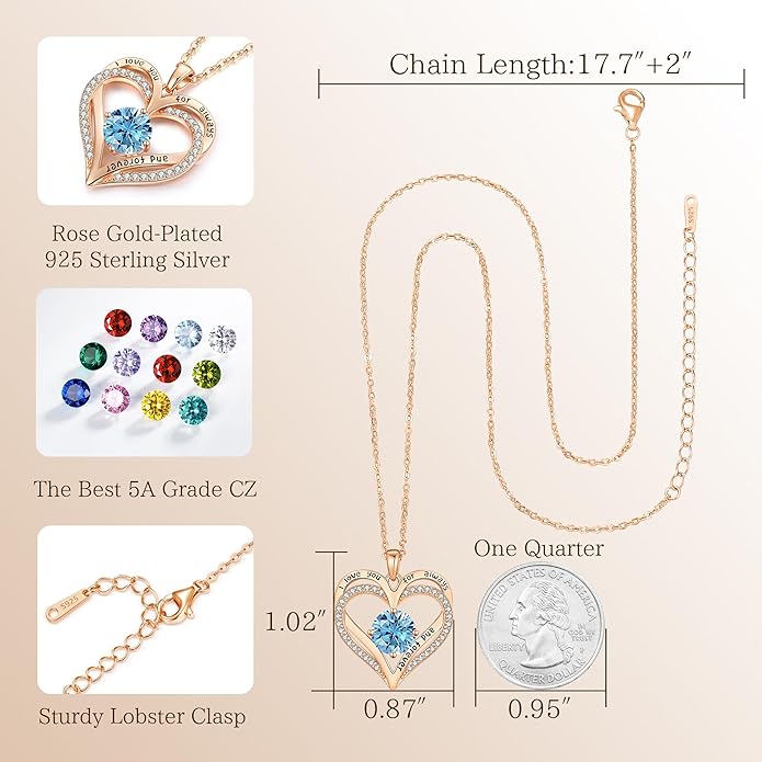 LOUISA SECRET Love Heart Birthstone Necklaces for Women, Birthday Gift for Girlfriend, Anniversary Jewelry Gift for Wife Her, 925 Sterling Silver Women Pendant Necklace, Mother's Day Christams Gift