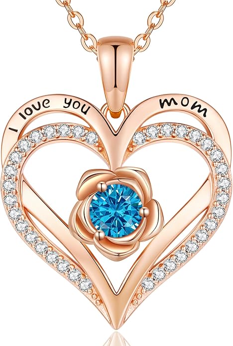 CDE Christmas Gifts for Women S925 Silver Rose Gold Heart Birthstone Necklaces for Women，Ideal Anniversary or Birthday Jewelry Gifts for Wife Girlfriend Her