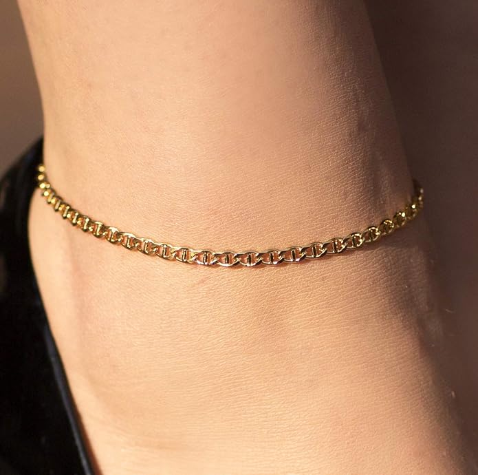 LIFETIME JEWELRY Womens Gold Anklet 3mm Mariner Link Chain Ankle Bracelet 24k Gold Plated