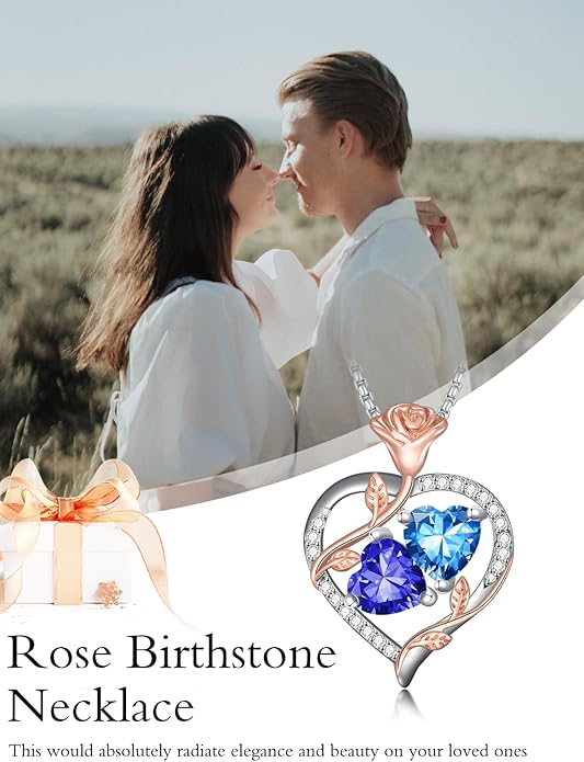 Christmas Gifts for Women Rose Heart Birthstone Pendant Necklace I Love You Forever Jewelry Valentine Mothers Day Birthday Gifts for Women Her Wife Girlfriend