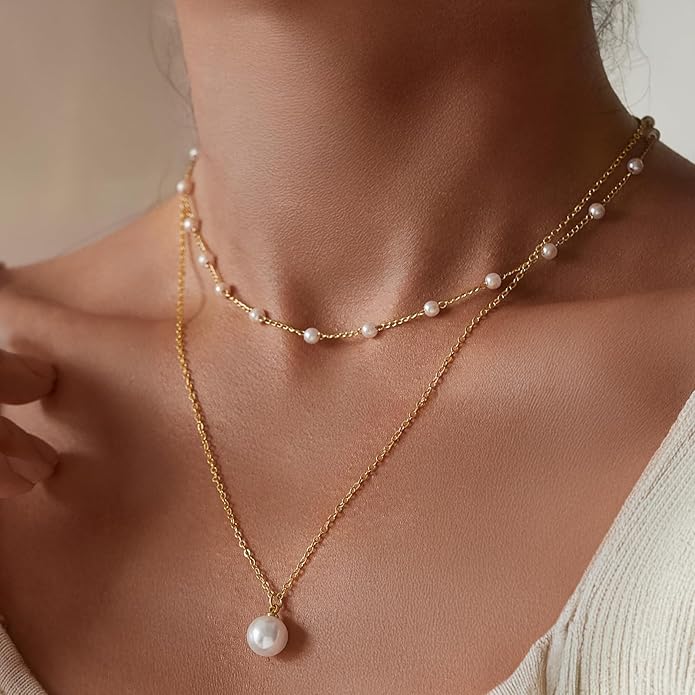 YOUNGGRACE 14K Gold Plated Pearl Flower Necklace Set for Women, Elegant Daisy & Layered Choker - Trendy gold necklaces for women, pearl accessories, layered gold necklace, dainty jewelry Gift for Her