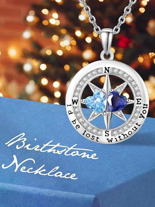 Compass Birthstones Necklace for Women, Exquisite Anniversary Birthday Gifts for Wife Her Double Birthstone Pendant jewelry ‘I'd be Lost Without You’