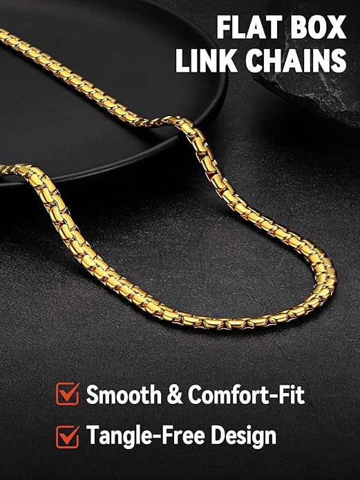 FaithHeart Mens Black/Silver/Gold Stainless Steel Flat Box Link Chain Necklace, Stylish 2/4/6/8mm Width Box Chains Necklaces for Men Non Tarnish Hip Hop Chain Jewelry Gifts,14"-30" Length