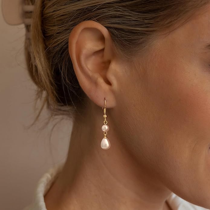 Moodear Dainty Pearl Dangle Earrings for Women - Trendy 14K Gold Plated Pearl Hypoallergenic Drop Earring Wedding Jewelry Gift