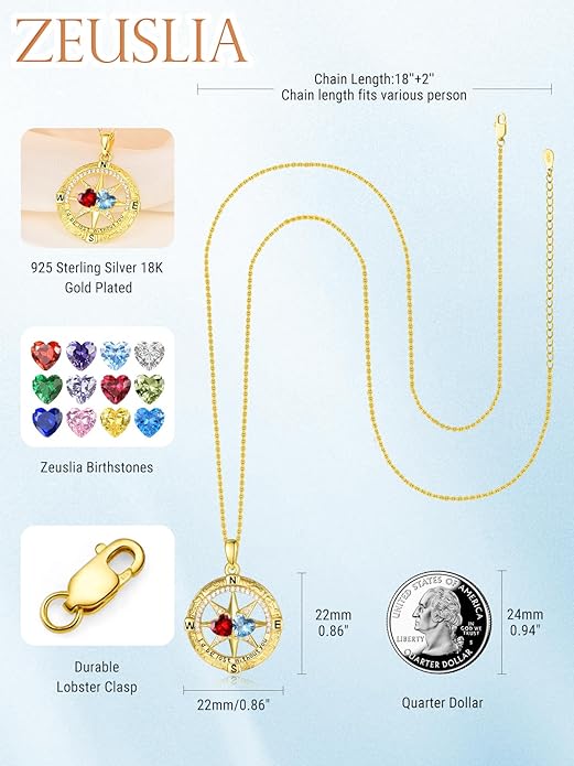 Zeuslia Double Birthstone Necklace Gifts for Wife - 925 Sterling Silver Sunflower/Rose/Crown Cross/Compass/Heart Pendant I Love You Necklace, Anniversary Birthday Gifts for Wife Girlfriend Mom Her