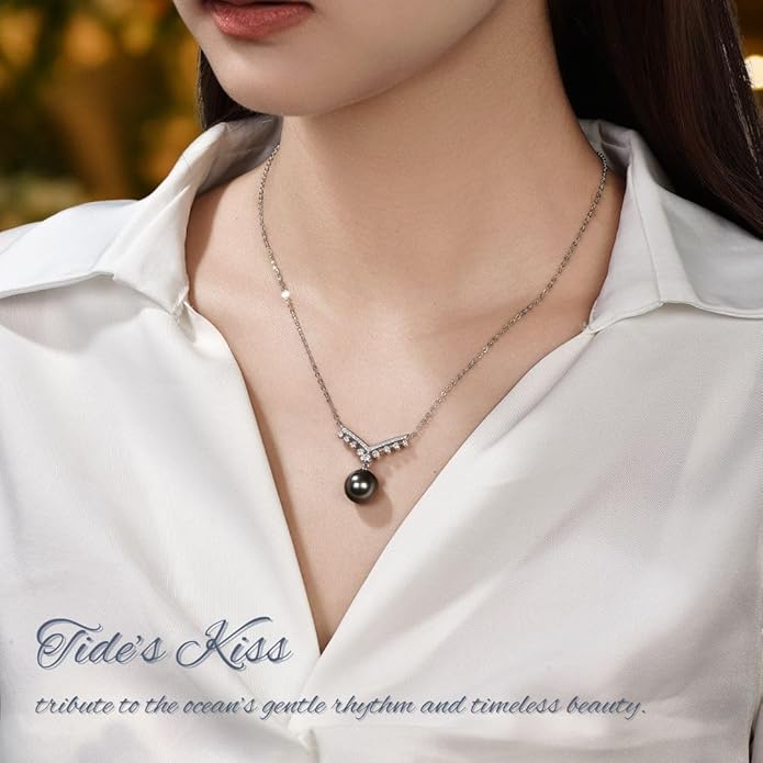 Lunar Belle Black Jewelry for Women Tahitian Pearl Pendant Necklace with Moissanite Sterling Silver, Romantic Gift for Wife Girlfriend Valentine Anniversary (Tide's Kiss)