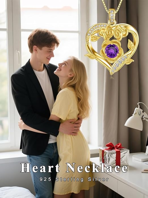 Midari 18K Gold Heart Birthstone Necklace for Women Rose Pendant Birthday Jewelry Gifts for Wife Her Daughter Mom