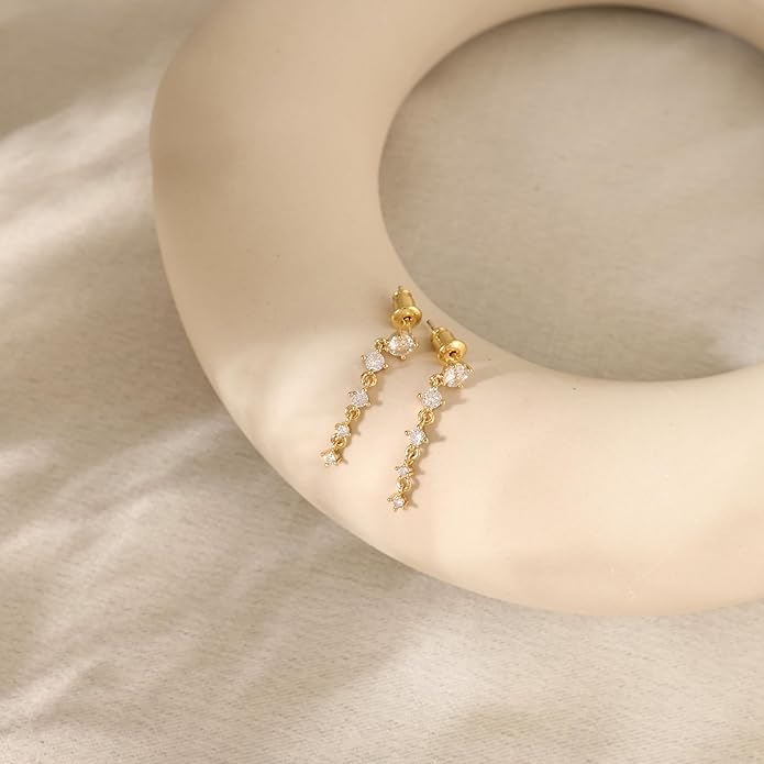 Gold Earrings for Women,Dainty 14k Gold Plated Pearl Drop Earring Dangle Pearl Dangling Earrings for Women Trendy Small Cute Wedding CZ Earring Long Chain Threader Prom Jewelry Gifts