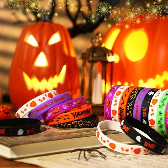 JUNEBRUSHS 64pcs Halloween Party Favors Silicone Bracelets Rubber Wristbands for Halloween Party Trick or Treat Goodie Bag Stuffers Fillers Decorations Accessories Supplies(8 Designs)