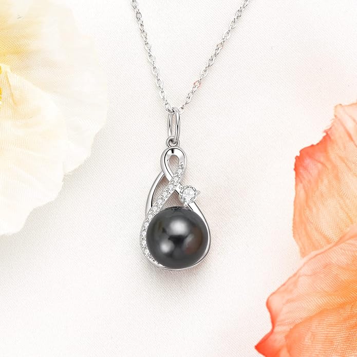DENGGUANG Tahitian Black Pearl Necklace for Women Genuine 9-10mm Round Tahitian Cultured Pearls Pendant 18K Gold Plated 925 Sterling Silver - Jewelry Gifts for Mom Wife Daughter