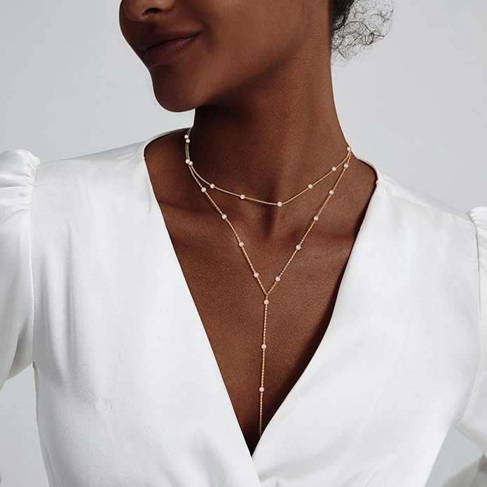 Luxval Lariat Silver Necklace for Women, Dainty Long Necklace Silver Y-Shaped Pendant Necklaces Trendy Beaded Chain Drop Necklaces Jewelry for Women Gifts