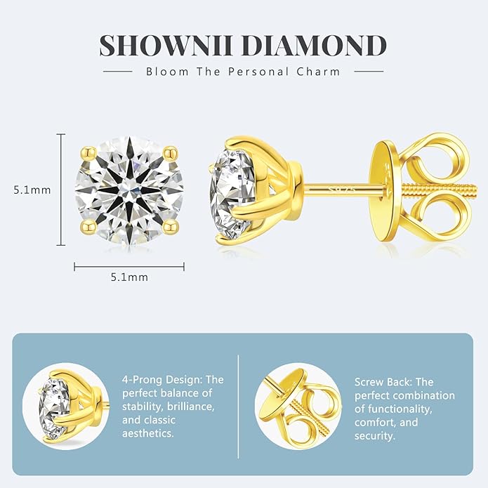 SHOWNII Diamond 4-Prong Lab-Grown Diamond Stud Earrings for Women 0.5CT 1CT 14K Gold Plated S925 Sterling Silver Screw Back Earrings(I-J Color, S1-VS2 Clarity)
