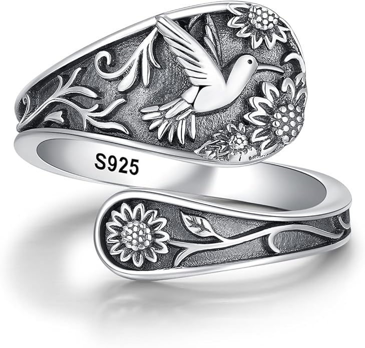 Spoon Ring Sterling Silver Hummingbird Ring Vintage Antique Spoon Rings Adjustable Thumb Rings for Women