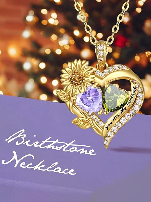 Sunflower Heart Necklace for Women 14K Gold Exquisite Anniversary Birthday Gifts for Wife Mother Her Double Birthstone Pendant jewelry‘You Are My Sunshine’