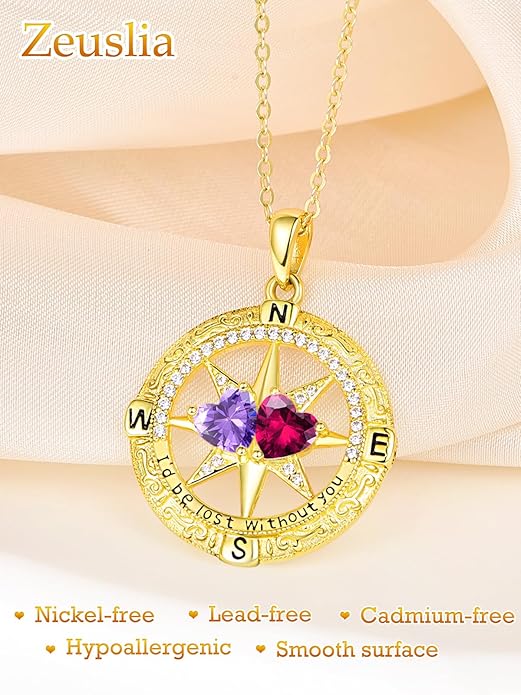 Zeuslia Double Birthstone Necklace Gifts for Wife - 925 Sterling Silver Sunflower/Rose/Crown Cross/Compass/Heart Pendant I Love You Necklace, Anniversary Birthday Gifts for Wife Girlfriend Mom Her