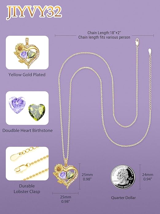 Sunflower Heart Necklace for Women 14K Gold Exquisite Anniversary Birthday Gifts for Wife Mother Her Double Birthstone Pendant jewelry‘You Are My Sunshine’