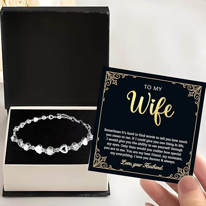 To My Wife Crystal Heart Bracelet Gift From Husband, Beautiful Wife Jewelry For Anniversary, Birthday, Christmas, Valentine’s Day, Bracelet For Her With Heartfelt Message & Elegant Box