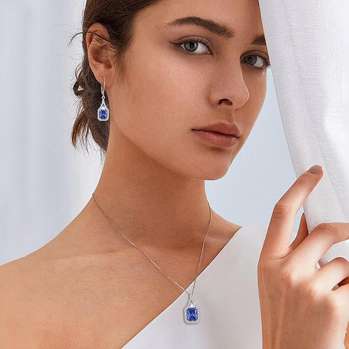 Emerald Cut Dangle Drop Earrings 925 Sterling Silver Halo Rectangular Leverback Earrings Birthstone Jewelry for Women