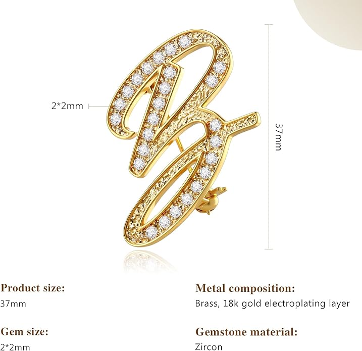Cicy Bell A-Z Initial 26 Letter Brooch Pins 18k Gold Plated Cubic Zirconia Breastpin Name Personalized Gifts for Women Men