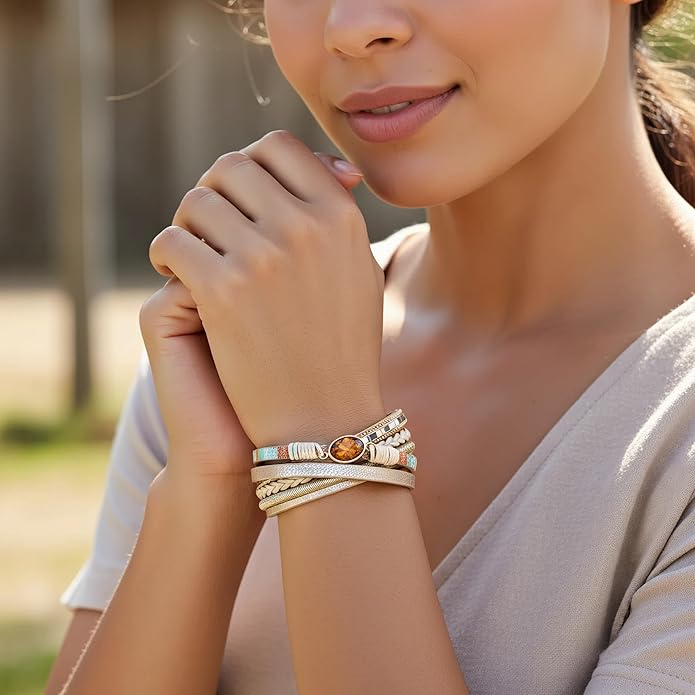 Edoneery Leather Wrap Bracelet for Women, Boho Handmade Multi-Layer Cuff with Crystal Beads Heart, Stackable Bangle Western Jewelry Gift