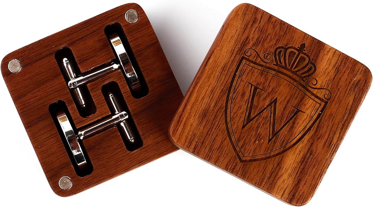 Mens Initial Silver Cufflinks A-Z Alphabet Letter Steel Cuff Links with Engraved Walnut Wood Box Groom Groomsman Wedding Set…