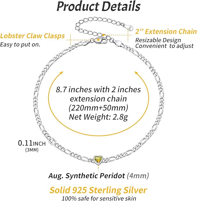 ChicSilver Sterling Silver Anklets Bracelets for Women, Figaro Chain Heart/Round Birthstone Anklet for Women Waterproof, Dainty Herringbone Ankle Bracelet Summer Beach jewelry