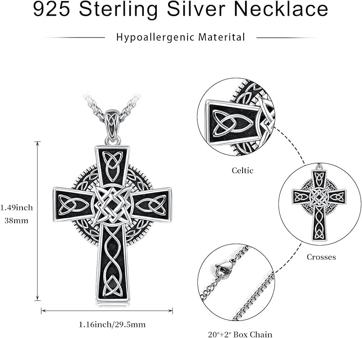 Midir&Etain Celtic Cross Necklace 925 Sterling Silver Cross Pendant Necklace Celtic Viking Irish Jewelry Religious Protective Gift for Men Women