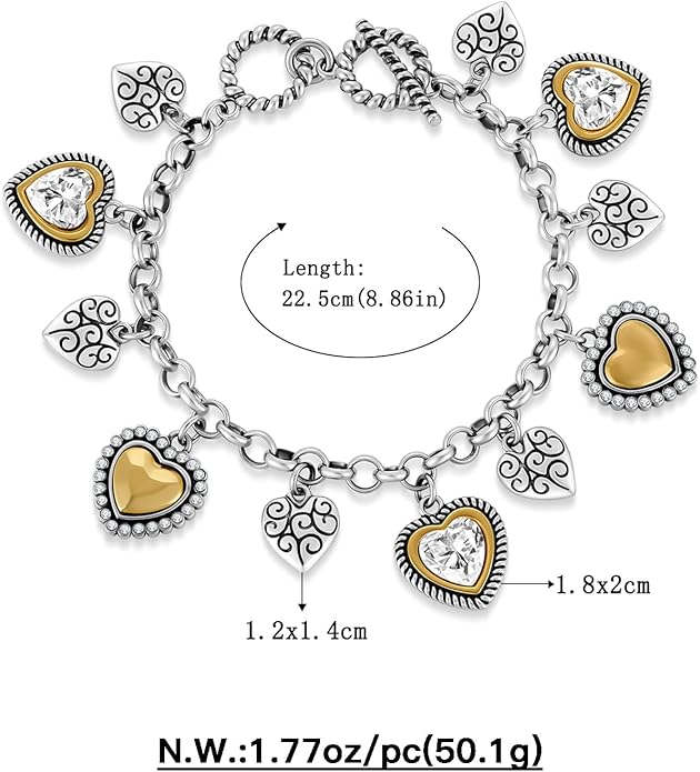 MYCUTEY Two Tone Heart Charm Bracelet for Women, Adjustable Cute Silver Chain Bracelets with Heart Charms, Trendy Love Bracelet for Daily Wear Mixed Metal Jewelry Valentines Day Gift