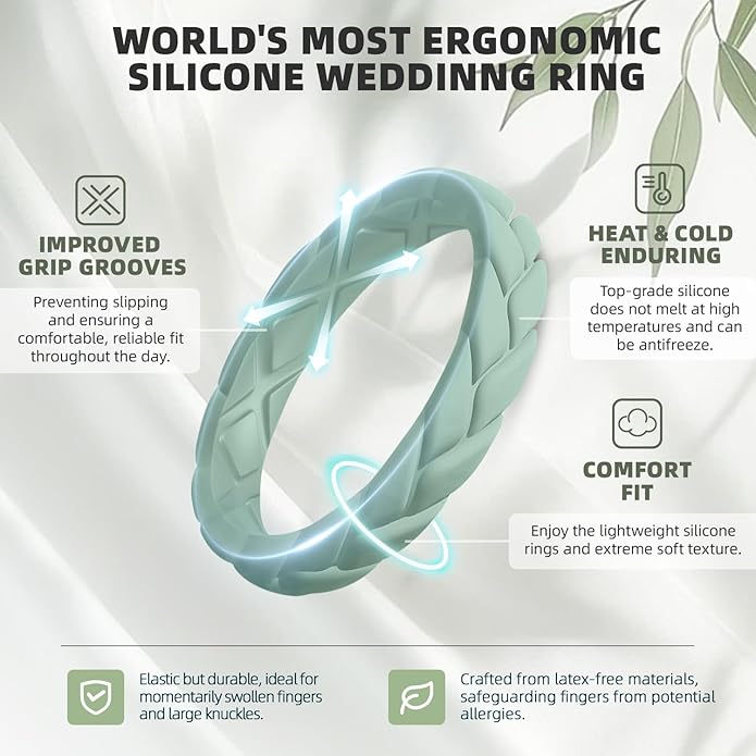 Egnaro Women's Silicone Stackable Rings 3.5mm Wide 2mm Thick, Rubber Flexible Hypoallergenic Wedding Bands For Workout Leaf Braided Fashion