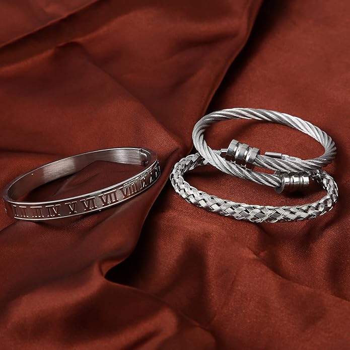 WFYOU 3PCS Stainless Steel Bracelets for Men Gold Roman Numeral Bangle Bracelet Twisted Cable Bracelet Adjustable Cuff Bracelet Mens Luxury Jewelry Bracelets Gifts