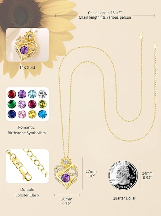 14K Gold Sunflower Birthstone Necklace for Women Infinity Love Heart Necklace Christmas Valentines Mothers Day Anniversary Birthday Gifts for Her Mom Wife Girlfriend Daughter
