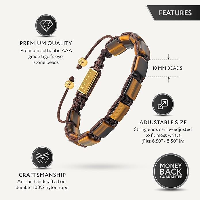 RTZN® Tigers Eye Bracelet for Men – Premium Artisan Handcrafted Golden Brown Tiger Eye Bead Bracelets – Natural Stone Tiger Eye Bracelet Men – Beaded Bracelets for Men
