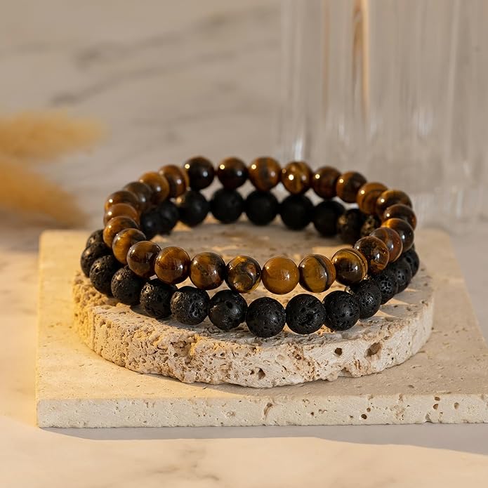 RANKEEF Mens Bead Bracelet Set - Adjustable Elastic Rope With 6&8MM Natural Stone Multi-Colored Beads - Tiger Eye Bracelets for Men - Gift