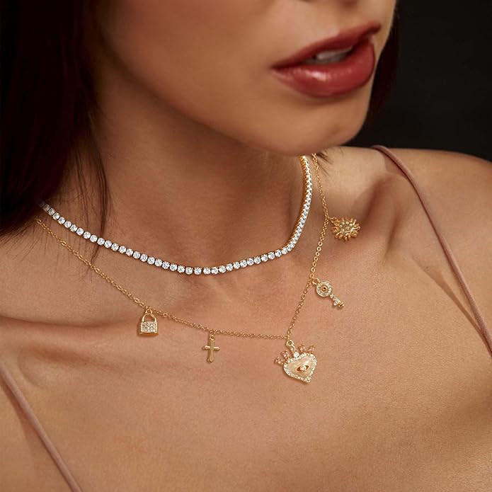 Tennis Necklace for Women, 14K Gold/Silver Plated Rhinestone Choker Necklaces for Women, Dainty Cubic Zirconia Cut Faux Diamond Chain