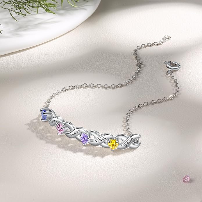Personalized Custom Name Heart Bracelet with 1-6 Birthstone Bracelets for Women Engraved Family Names Link Bracelets for Mother's Day Mom Daughter