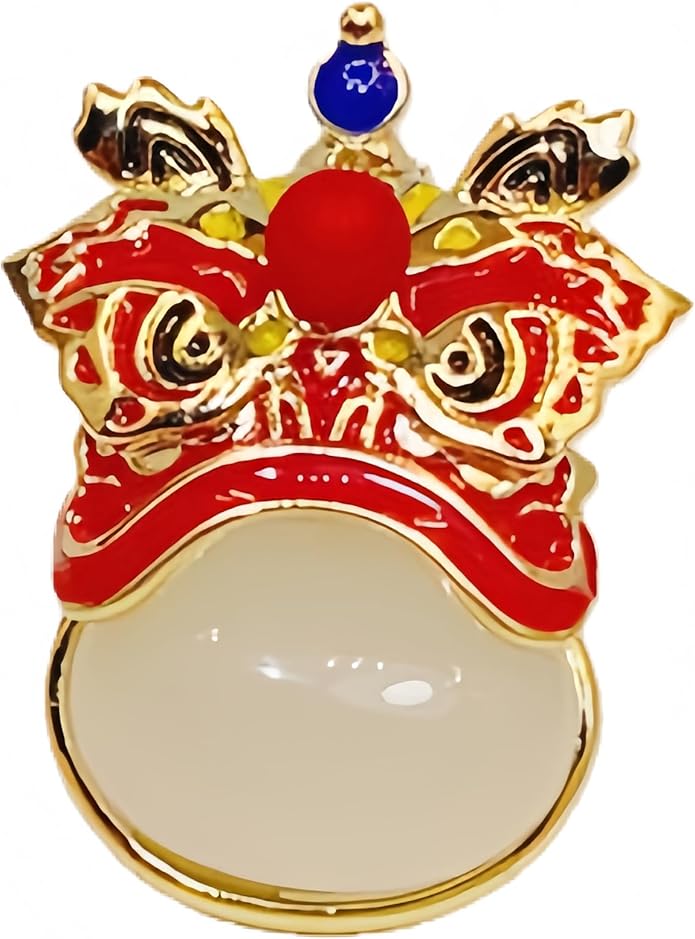 Chinese Lion Dance Brooch, Vintage Enamel Floral & Cat Eye Pearl Adjustable Lapel Pin for Women & Men – Traditional Asian Style Awakening Lion Brooch for Jacket, Blazer, Scarf, Qipao, Wedding, Festival Gift (Gold/Red/Blue)